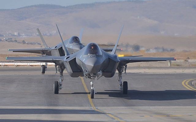 Two of three new F-35 fighter jets land on an airstrip in the Israeli Air Force's Nevatim base in southern Israel on June 24, 2018. (Israel Defense Forces) Two of three new F-35 fighter jets land on an airstrip in the Israeli Air Force's Nevatim base in southern Israel on June 24, 2018. (Israel Defense Forces)