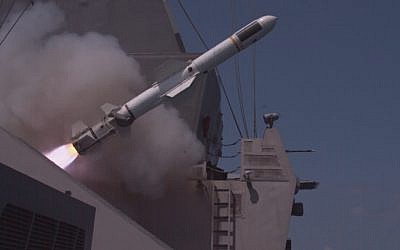 A missile is launched from an Israeli Navy ship during a drill, May 2018 (Courtesy IDF)