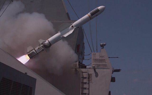 A missile is launched from an Israeli Navy ship during a drill, May 2018 (Courtesy IDF)
