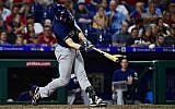 Ryan Braun of the Milwaukee Brewers onnecting for his second home run of the game against the Phillies at Citizens Bank Park in Philadelphia, June 8, 2018. (Corey Perrine/Getty Images via JTA)
