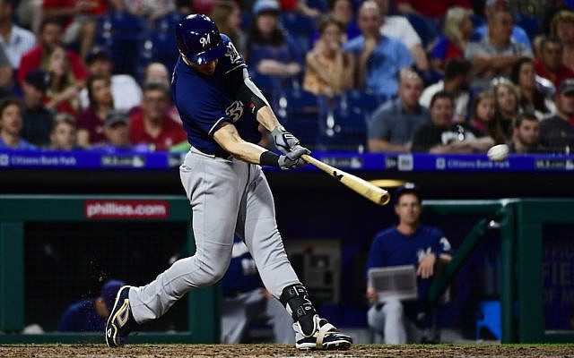 Ryan Braun of the Milwaukee Brewers onnecting for his second home run of the game against the Phillies at Citizens Bank Park in Philadelphia, June 8, 2018. (Corey Perrine/Getty Images via JTA) Ryan Braun of the Milwaukee Brewers onnecting for his second home run of the game against the Phillies at Citizens Bank Park in Philadelphia, June 8, 2018. (Corey Perrine/Getty Images via JTA)