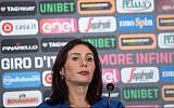 Culture and Sports Minister Miri Regev at a press conference ahead of the 2018 Giro d'Italia cycling race on May 2, 2018. (Miriam Alster/Flash90)
