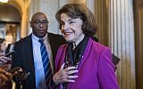 Senator Dianne Feinstein talks with reporters after the Senate Policy luncheons in the Capitol on June 5, 2018. (Tom Williams/CQ Roll Call)