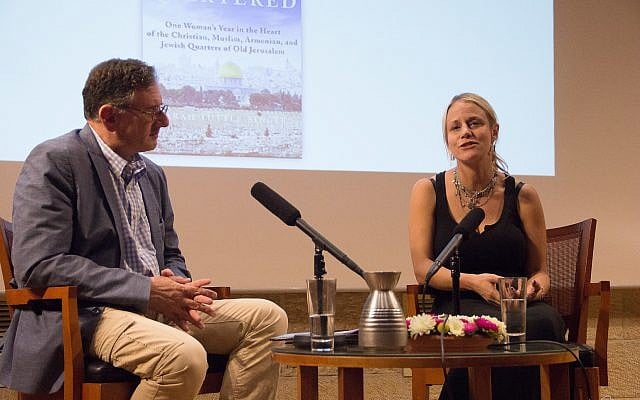 Author Sarah Tuttle-Singer (right) is interviewed by journalist Matthew Kalman at a Times of Israel Presents event in Jerusalem, June 18, 2018. (Laura Ben-David) Author Sarah Tuttle-Singer (right) is interviewed by journalist Matthew Kalman at a Times of Israel Presents event in Jerusalem, June 18, 2018. (Laura Ben-David)