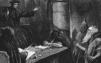 Spanish Inquisition (late 15th century). Spanish Jew before Grand Inquisitor. Illustration by Paul Hardy for "The Saving of Karl Reichenberg", story by Arthur Page, London 1891. 'Saving' meant dying and saving the soul for god. Wood engraving. (Photo12/UIG via Getty Images via JTA)