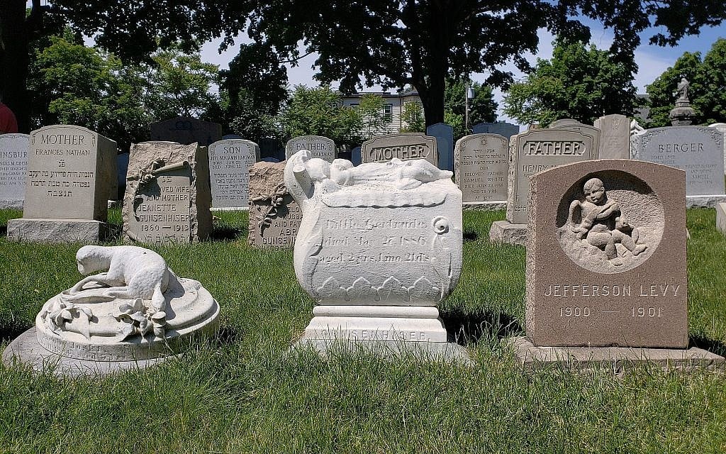 At the Ohabei Shalom Cemetery in East Boston, Massachusetts, grave markers for children fill part of one section, June 10, 2018 (Matt Lebovic/The Times of Israel)