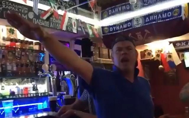 An English fan makign a Nazi salute at a Russian pub in a video published June 20, 2018. (screen capture: Twitter) An English fan makign a Nazi salute at a Russian pub in a video published June 20, 2018. (screen capture: Twitter)