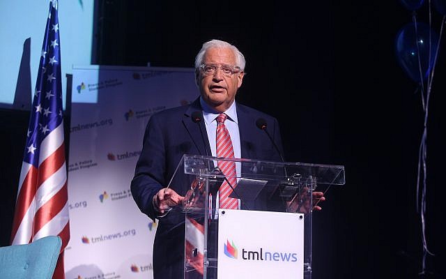 David Friedman speaking to the media in Jerusalem on June 4, 2018. (Lior Mizrahi)