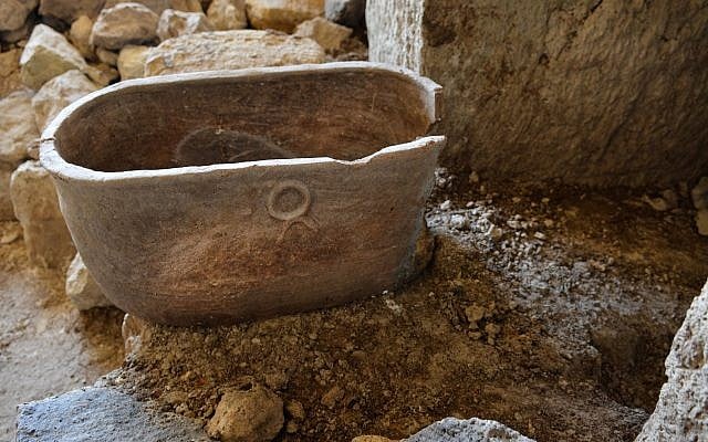 Ossuary found in a 2,000-year-old burial cave near Tiberias, June 2018. (Miki Peleg, Israel Antiquities Authority)