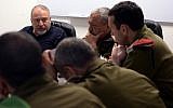 Defense Minister Avigdor Liberman, left, meets with senior officers in the IDF Southern Command, including IDF chief Gadi Eisenkot, center, and Maj. Gen. Herzl Halevi on June 12, 2018. (Ariel Hermoni/Defense Ministry)