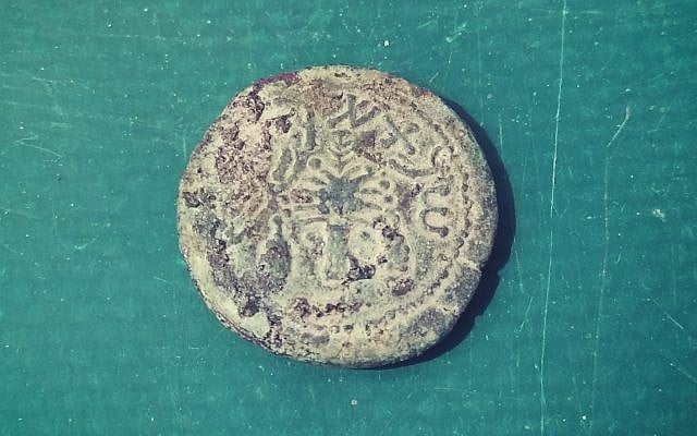 A rare bronze Year Four coin, minted in 69-70 CE during the Great Jewish Revolt, and depicting the Four Species, discovered in wet sifting of material from the City of David, June 2018. (Ilan Shilmaiv/City of David) A rare bronze Year Four coin, minted in 69-70 CE during the Great Jewish Revolt, and depicting the Four Species, discovered in wet sifting of material from the City of David, June 2018. (Ilan Shilmaiv/City of David)