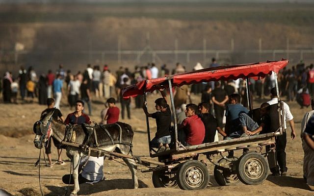 Young men ride a cart pulled by a donkey during confrontation between Palestinian demonstrators and Israeli troops east of Gaza City, along the border between the Gaza strip and Israel, on June 29, 2018.
(AFP PHOTO / MAHMUD HAMS) Young men ride a cart pulled by a donkey during confrontation between Palestinian demonstrators and Israeli troops east of Gaza City, along the border between the Gaza strip and Israel, on June 29, 2018.
(AFP PHOTO / MAHMUD HAMS)