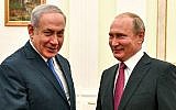 Russian President Vladimir Putin (R) with Prime Minister Benjamin Netanyahu during a meeting at the Kremlin in Moscow on July 11, 2018. (AFP/ Pool/Yuri Kadobnov)