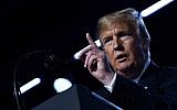 US President Donald Trump gestures as he addresses a press conference on the second day of the North Atlantic Treaty Organization (NATO) summit in Brussels on July 12, 2018.  (AFP PHOTO / Brendan SMIALOWSKI)