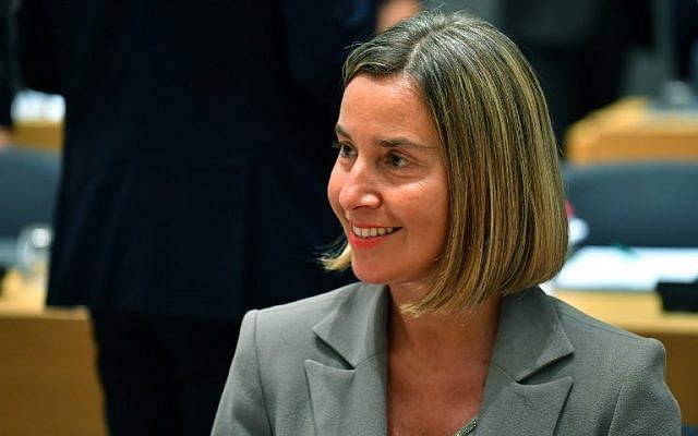 European Union Foreign Minister Federica Mogherini looks on during a meeting at the EU headquarters in Brussels, July 16, 2018. (JOHN THYS/AFP) European Union Foreign Minister Federica Mogherini looks on during a meeting at the EU headquarters in Brussels, July 16, 2018. (JOHN THYS/AFP)