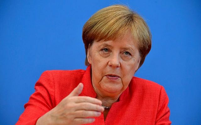 German Chancellor Angela Merkel speaks during her summer press conference in Berlin, on July 20, 2018. (AFP/Tobias Schwarz) German Chancellor Angela Merkel speaks during her summer press conference in Berlin, on July 20, 2018. (AFP/Tobias Schwarz)