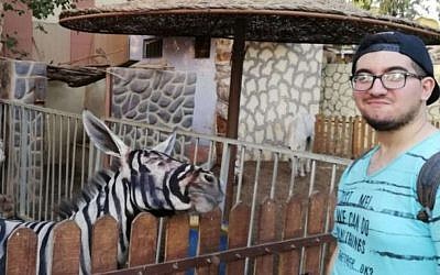 Mahmoud Sarhan with what appears to be a donkey painted to look like a zebra, at a zoo in Cairo, Egypt (Facebook photos)