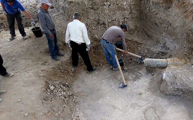The edge of the newly exposed Lod mosaic is exposed. (Niki Davidov, IAA)