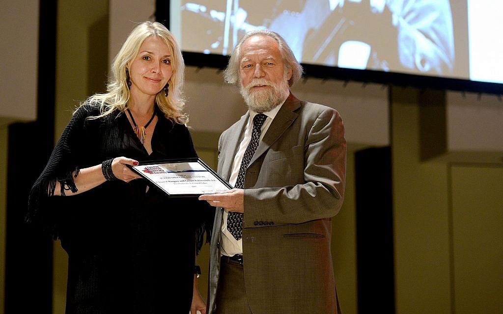 Chantal Ringuet receiving a 2017 Canadian Jewish Literary Award from Alain Goldschlager at York University in Totonto. (Courtesy)