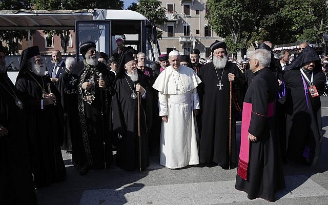 Pope Francis arrives to host a daylong prayer for peace in the Middle East with an unprecedented gathering of Orthodox patriarchs and Catholic leaders in Bari, southern Italy, Saturday, July 7, 2018 (AP Photo/Alessandra Tarantino) Pope Francis arrives to host a daylong prayer for peace in the Middle East with an unprecedented gathering of Orthodox patriarchs and Catholic leaders in Bari, southern Italy, Saturday, July 7, 2018 (AP Photo/Alessandra Tarantino)
