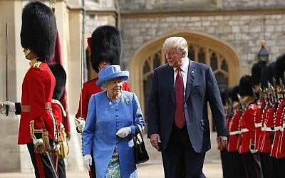 US President Donald Trump (r) with Queen Elizabeth II, inspecting the Guard of Honour at Windsor Castle in Windsor, England, July 13, 2018. (AP Photo/Pablo Martinez Monsivais) US President Donald Trump (r) with Queen Elizabeth II, inspecting the Guard of Honour at Windsor Castle in Windsor, England, July 13, 2018. (AP Photo/Pablo Martinez Monsivais)
