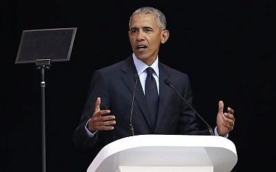 Former US President Barack Obama delivers his speech at the 16th Annual Nelson Mandela Lecture at the Wanderers Stadium in Johannesburg, South Africa, Tuesday, July 17, 2018 (AP Photo/Themba Hadebe)