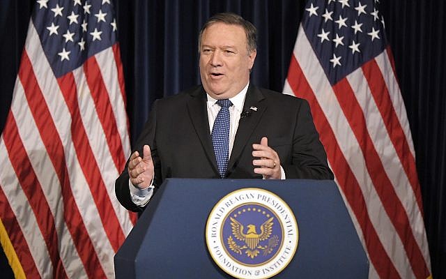 US Secretary of State Mike Pompeo speaks at the Ronald Reagan Presidential Library, Sunday, July 22, 2018, in Simi Valley, Calif. (AP Photo/Mark J. Terrill) US Secretary of State Mike Pompeo speaks at the Ronald Reagan Presidential Library, Sunday, July 22, 2018, in Simi Valley, Calif. (AP Photo/Mark J. Terrill)