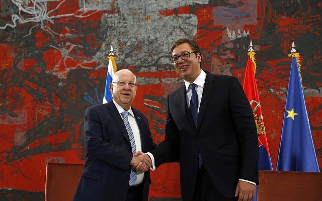 President Reuven Rivlin, left, shakes hands with his Serbian counterpart Aleksandar Vucic at the Serbia Palace in Belgrade, Serbia, July 26, 2018. (Darko Vojinovic/AP) President Reuven Rivlin, left, shakes hands with his Serbian counterpart Aleksandar Vucic at the Serbia Palace in Belgrade, Serbia, July 26, 2018. (Darko Vojinovic/AP)