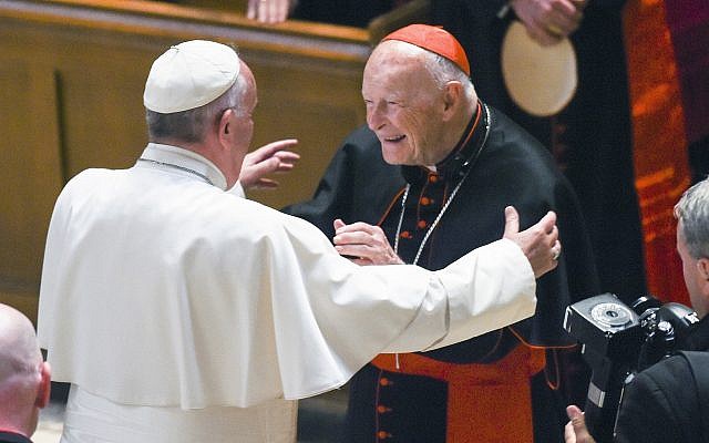 In this September 23, 2015 file photo, Pope Francis reaches out to hug Cardinal Archbishop emeritus Theodore McCarrick after the Midday Prayer of the Divine with more than 300 US Bishops at the Cathedral of St. Matthew the Apostle in Washington. (Jonathan Newton/The Washington Post via AP, Pool, File) In this September 23, 2015 file photo, Pope Francis reaches out to hug Cardinal Archbishop emeritus Theodore McCarrick after the Midday Prayer of the Divine with more than 300 US Bishops at the Cathedral of St. Matthew the Apostle in Washington. (Jonathan Newton/The Washington Post via AP, Pool, File)