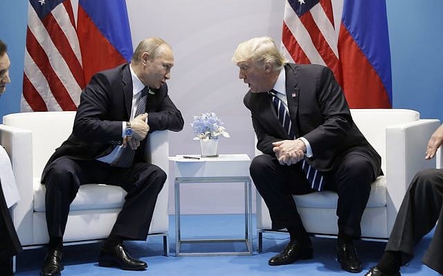 US President Donald Trump (right) meets with Russian President Vladimir Putin at the G20 Summit, July 7, 2017, in Hamburg. (AP/Evan Vucci)
