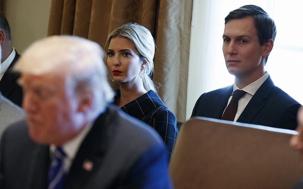Ivanka Trump, center, and White House senior adviser Jared Kushner, right, listen to US President Donald Trump during a cabinet meeting at the White House, in Washington, November 20, 2017. (Evan Vucci/AP) Ivanka Trump, center, and White House senior adviser Jared Kushner, right, listen to US President Donald Trump during a cabinet meeting at the White House, in Washington, November 20, 2017. (Evan Vucci/AP)