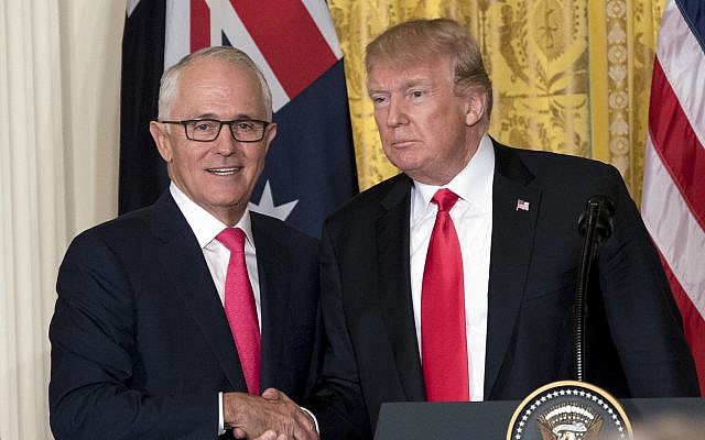 US President Donald Trump (r) and Australian Prime Minister Malcolm Turnbull shake hands following a joint news conference in the East Room of the White House in Washington, February 23, 2018. (AP Photo/Andrew Harnik) US President Donald Trump (r) and Australian Prime Minister Malcolm Turnbull shake hands following a joint news conference in the East Room of the White House in Washington, February 23, 2018. (AP Photo/Andrew Harnik)