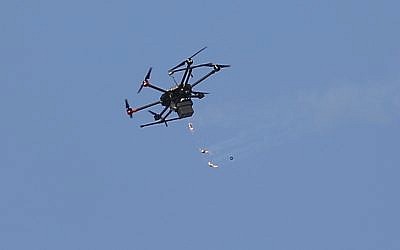 Illustrative: An Israeli drone in flight over Gaza (AP Photo/Hatem Moussa)