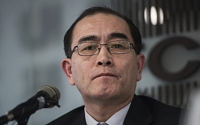 In this Jauary 25, 2017 photo, former North Korean deputy ambassador to the UK, Thae Yong-Ho, center, speaks with media at the Foreign Correspondents Club in Seoul, South Korea. (Ed Jones, Pool Photo via AP)
