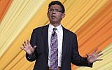 Author and filmmaker Dinesh D'Souza the keynote speaker at the Republican Sunshine Summit addresses the audience, June 29, 2018, in Kissimmee, Florida (AP Photo/John Raoux)