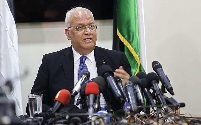 Top Palestinian negotiator Saeb Erekat speaks during at a press conference in the West Bank city of Ramallah, July 4, 2018. (AP Photo/Nasser Shiyoukhi) Top Palestinian negotiator Saeb Erekat speaks during at a press conference in the West Bank city of Ramallah, July 4, 2018. (AP Photo/Nasser Shiyoukhi)