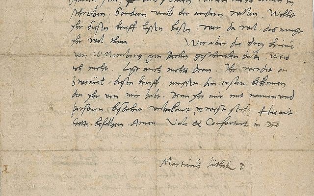 Part of a September 1543 letter signed by Protestant reformer Martin Luther. The letter, penned in German, was to be put up for auction, July 11, 2018. (Courtesy of RR Auction via AP) Part of a September 1543 letter signed by Protestant reformer Martin Luther. The letter, penned in German, was to be put up for auction, July 11, 2018. (Courtesy of RR Auction via AP)