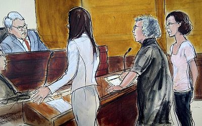 In this courtroom drawing, Clare Bronfman, right, is arraigned at federal court in New York, Tuesday, July 24, 2018 (AP Photo/Elizabeth Williams)