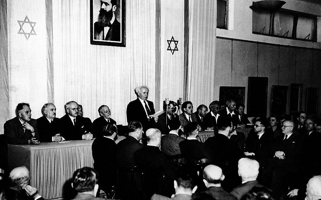 In this May 14, 1948 photo, cabinet ministers of the new State of Israel are seen at a ceremony at the Tel Aviv Art Museum marking the creation of the new state, during prime minister David Ben-Gurion's speech declaring independence. (AP Photo) In this May 14, 1948 photo, cabinet ministers of the new State of Israel are seen at a ceremony at the Tel Aviv Art Museum marking the creation of the new state, during prime minister David Ben-Gurion's speech declaring independence. (AP Photo)