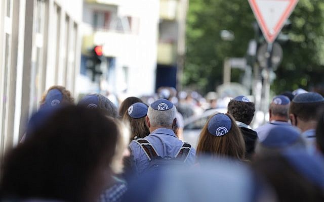 A 'kippah walk' in Berlin showing solidarity with Jews in the German capital on July 15, 2018 (JFNA Marketing via JTA) A 'kippah walk' in Berlin showing solidarity with Jews in the German capital on July 15, 2018 (JFNA Marketing via JTA)
