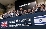 Israeli entrepreneurs and the UK Innovations Minister Sam Gyimah opens the London Stock Exchange on July 3, 2018, to celebrate growing links between Israeli tech and UK firms, organized by the UK Israel Business (UKIB).