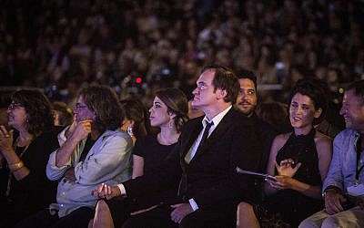 Director Quentin Tarantino and his then-fiance, Daniella Pik, with Cinematheque director Noa Regev to Tarantino's right, at the opening night of the 2016 Jerusalem Film Festival (Hadas Parush/Flash 90)
