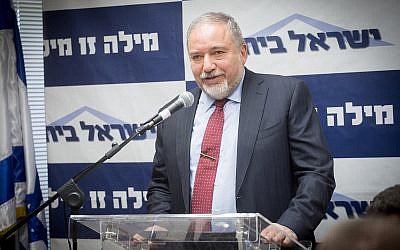 Defense Minister Avigdor Liberman leads a Yisrael Beytenu party faction meeting at the Knesset on June 18, 2018. (Miriam Alster/Flash90)