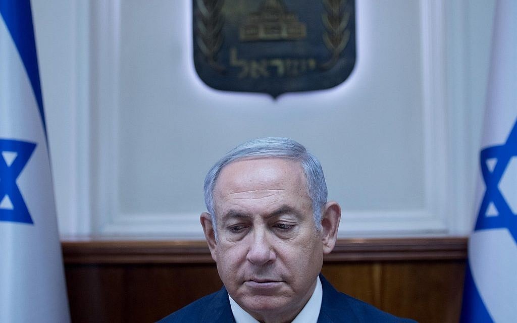 Prime Minister Benjamin Netanyahu at the weekly government conference at the Prime Minister's Office in Jerusalem on July 1, 2018. (Ohad Zwigenberg/POOL) Prime Minister Benjamin Netanyahu at the weekly government conference at the Prime Minister's Office in Jerusalem on July 1, 2018. (Ohad Zwigenberg/POOL)