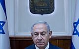 Prime Minister Benjamin Netanyahu at the weekly government conference at the Prime Minister's Office in Jerusalem on July 1, 2018. (Ohad Zwigenberg/POOL)