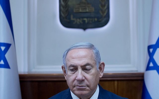 Prime Minister Benjamin Netanyahu at the weekly government conference at the Prime Minister's Office in Jerusalem on July 1, 2018. (Ohad Zwigenberg/POOL) Prime Minister Benjamin Netanyahu at the weekly government conference at the Prime Minister's Office in Jerusalem on July 1, 2018. (Ohad Zwigenberg/POOL)