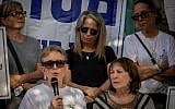 Leah Goldin (front left), Zehava Shaul (front right) and other bereaved parents attend a protest memorial ceremony for soldiers killed in the 2014 Gaza war outside the Prime Minister's Residence in Jerusalem on July 3, 2018. (Yonatan Sindel/Flash90)