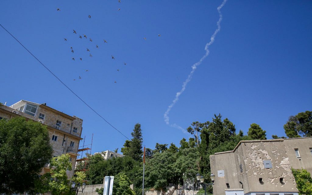 Illustrative. A smoke trail of a Patriot missile that intercepted a Syrian drone that entered Israeli airspace from Syria, as seen over the northern Israeli city of Safed on July 11, 2018. (David Cohen/Flash90)