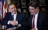 Science and Technology Minister Ofir Akunis, right, with Jim Bridenstine, Administrator of the National Aeronautics and Space Administration (NASA) at a press conference at the King David hotel in Jerusalem, July 12, 2018. (Yonatan Sindel/Flash90)