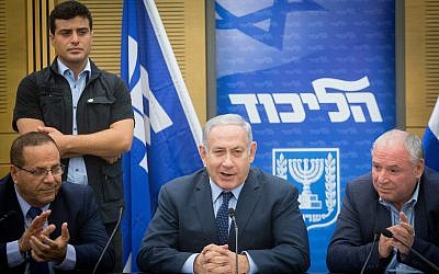 Prime Minister Benjamin Netanyahu leads a Likud faction meeting the Knesset, July 16, 2018. (Miriam Alster/Flash90)
